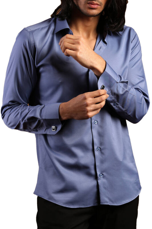 İndigo Dar Kesim Micro Kumaş Kol Düğmeli Slim Fit Erkek Gömlek - 201-5 - 1