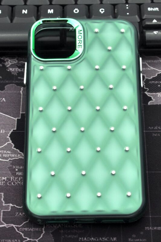iPhone 11 Uyumlu Baklava Desenli Pırlanta Taşlı Sert Kapak Kılıf Zümrüt Yeşil - 2