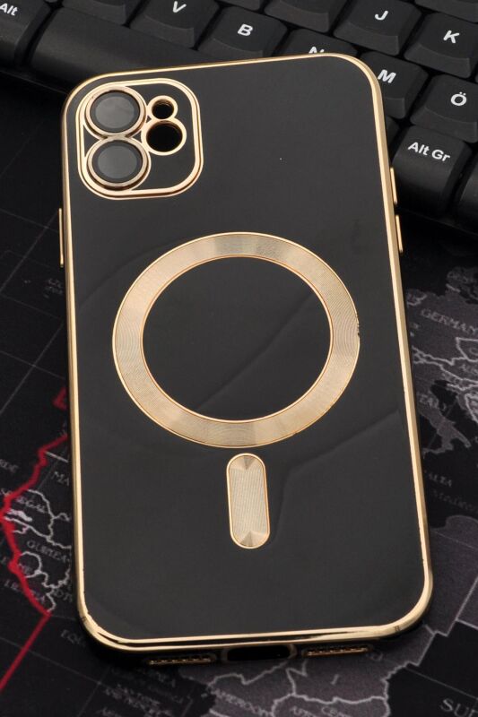 iPhone 11 Uyumlu MagSafe Özellikli Lens Korumalı Lazerli Renkli Kılıf Siyah - 1