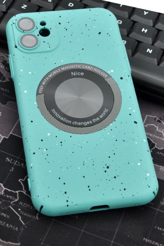 iPhone 11 Uyumlu Mint Yeşil Benekli Desenli İnce Sert Kapak Kılıf Kamera Lens Korumalı - 1