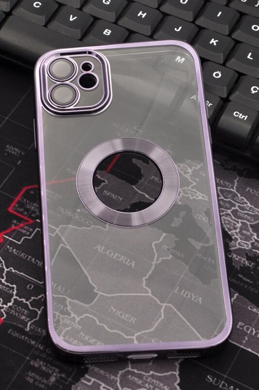 iPhone 11 Uyumlu Mor Renkli Kenarlı Lazerli Şeffaf Kılıf Lens Korumalı - 1