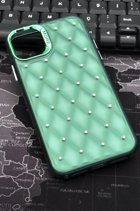 iPhone 12 Uyumlu Baklava Desenli Pırlanta Taşlı Sert Kapak Kılıf Zümrüt Yeşil - 1