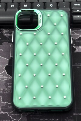 iPhone 12 Uyumlu Baklava Desenli Pırlanta Taşlı Sert Kapak Kılıf Zümrüt Yeşil - 2