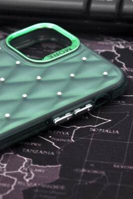 iPhone 12 Uyumlu Baklava Desenli Pırlanta Taşlı Sert Kapak Kılıf Zümrüt Yeşil - 4