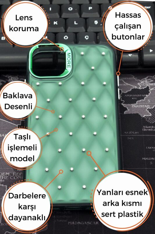 iPhone 12 Uyumlu Baklava Desenli Pırlanta Taşlı Sert Kapak Kılıf Zümrüt Yeşil - 7