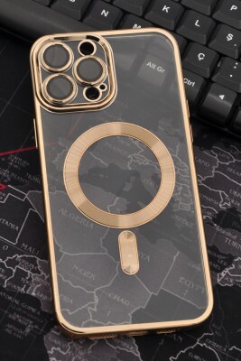 iPhone 13 Pro Max Uyumlu MagSafe Özellikli Altın Sarı Gold Renkli Kenarlı Lazerli Şeffaf Kılıf Lens Korumalı - 1