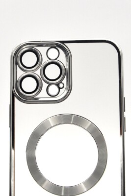 iPhone 13 Pro Max Uyumlu MagSafe Özellikli Gümüş Gri Silver Renkli Kenarlı Lazerli Şeffaf Kılıf Lens Korumalı - 5