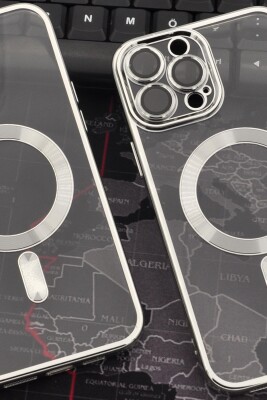 iPhone 13 Pro Max Uyumlu MagSafe Özellikli Gümüş Gri Silver Renkli Kenarlı Lazerli Şeffaf Kılıf Lens Korumalı - 6
