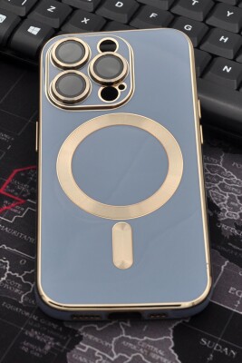 iPhone 13 Pro Max Uyumlu MagSafe Özellikli Lens Korumalı Lazerli Renkli Kılıf Mavi 