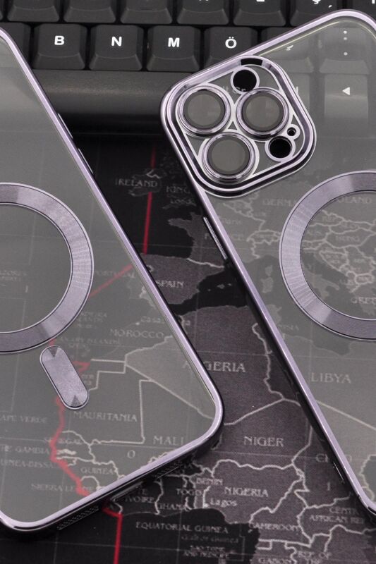 iPhone 13 Pro Max Uyumlu MagSafe Özellikli Mor Renkli Kenarlı Lazerli Şeffaf Kılıf Lens Korumalı - 6