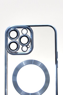 iPhone 13 Pro Max Uyumlu MagSafe Özellikli Saks Mavi Renkli Kenarlı Lazerli Şeffaf Kılıf Lens Korumalı - 5