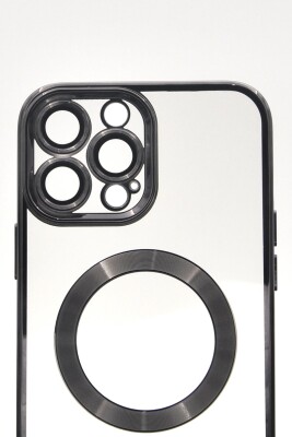 iPhone 13 Pro Max Uyumlu MagSafe Özellikli Siyah Renkli Kenarlı Lazerli Şeffaf Kılıf Lens Korumalı - 5