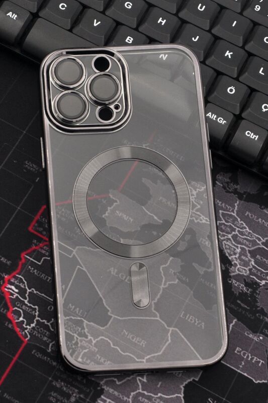 iPhone 13 Pro Max Uyumlu MagSafe Özellikli Siyah Renkli Kenarlı Lazerli Şeffaf Kılıf Lens Korumalı - 1