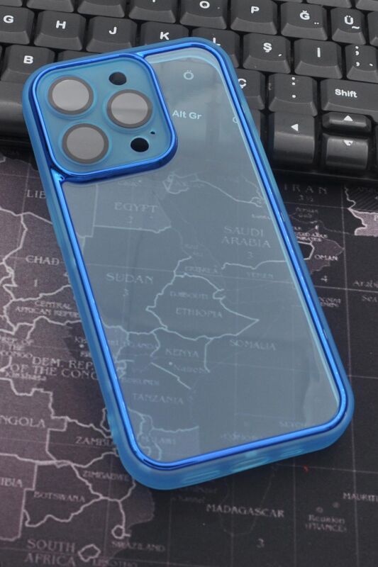 iPhone 13 Pro Max Uyumlu Mavi Kenarlı Renkli Yarı Şeffaf Kapak Kılıf Kamera Lens Korumalı - 1
