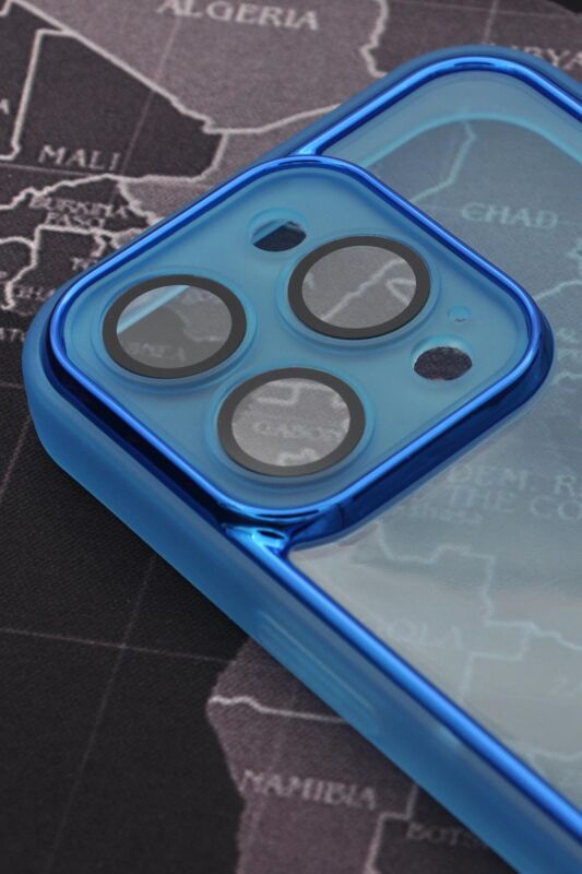 iPhone 13 Pro Max Uyumlu Mavi Kenarlı Renkli Yarı Şeffaf Kapak Kılıf Kamera Lens Korumalı - 2