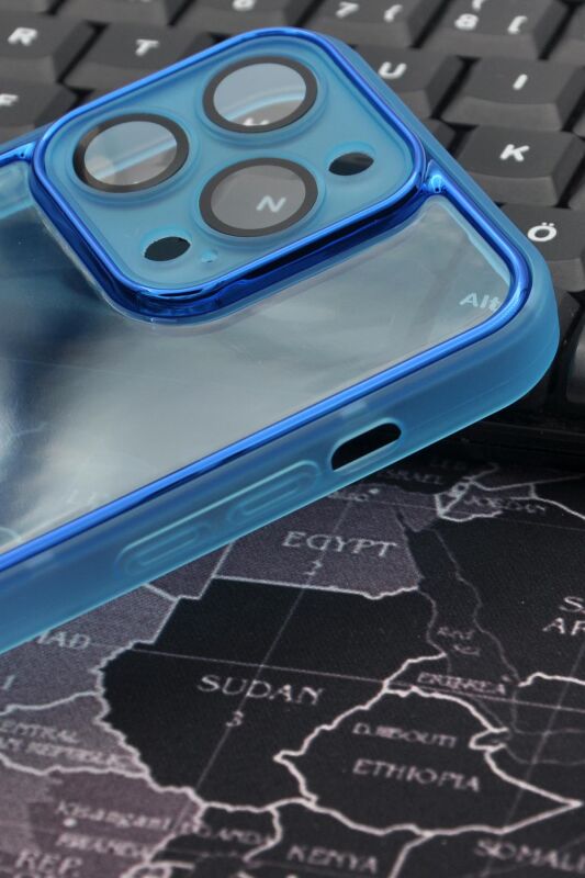 iPhone 13 Pro Max Uyumlu Mavi Kenarlı Renkli Yarı Şeffaf Kapak Kılıf Kamera Lens Korumalı - 3