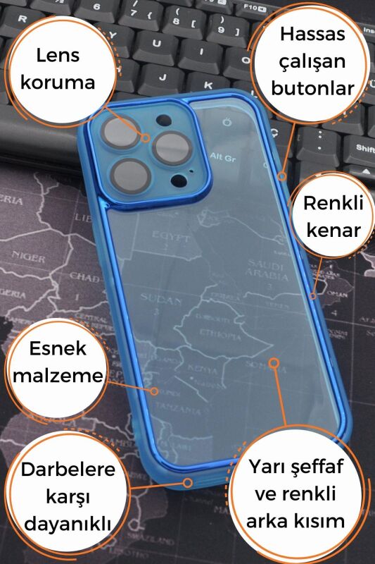 iPhone 13 Pro Max Uyumlu Mavi Kenarlı Renkli Yarı Şeffaf Kapak Kılıf Kamera Lens Korumalı - 7
