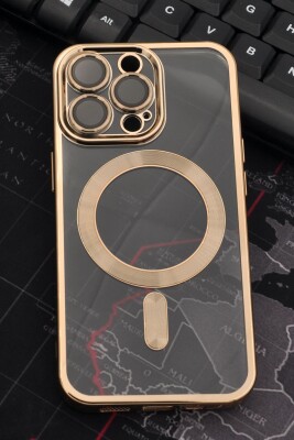 iPhone 13 Pro Uyumlu MagSafe Özellikli Altın Sarı Gold Renkli Kenarlı Lazerli Şeffaf Kılıf Lens Korumalı - 1