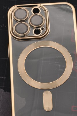 iPhone 13 Pro Uyumlu MagSafe Özellikli Altın Sarı Gold Renkli Kenarlı Lazerli Şeffaf Kılıf Lens Korumalı - 2