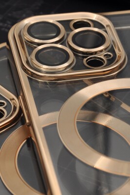 iPhone 13 Pro Uyumlu MagSafe Özellikli Altın Sarı Gold Renkli Kenarlı Lazerli Şeffaf Kılıf Lens Korumalı - 3