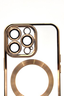 iPhone 13 Pro Uyumlu MagSafe Özellikli Altın Sarı Gold Renkli Kenarlı Lazerli Şeffaf Kılıf Lens Korumalı - 5