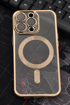 iPhone 13 Pro Uyumlu MagSafe Özellikli Altın Sarı Gold Renkli Kenarlı Lazerli Şeffaf Kılıf Lens Korumalı 