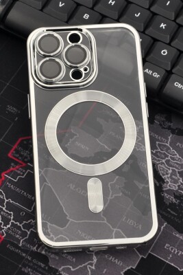 iPhone 13 Pro Uyumlu MagSafe Özellikli Gümüş Gri Silver Renkli Kenarlı Lazerli Şeffaf Kılıf Lens Korumalı 
