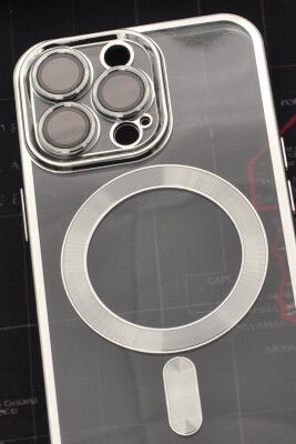 iPhone 13 Pro Uyumlu MagSafe Özellikli Gümüş Gri Silver Renkli Kenarlı Lazerli Şeffaf Kılıf Lens Korumalı - 2