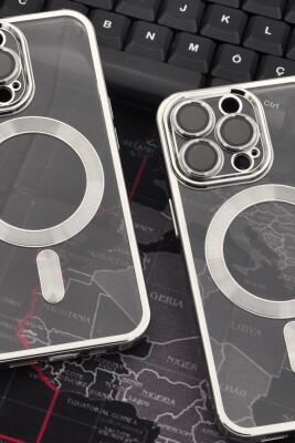 iPhone 13 Pro Uyumlu MagSafe Özellikli Gümüş Gri Silver Renkli Kenarlı Lazerli Şeffaf Kılıf Lens Korumalı - 6