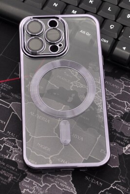 iPhone 13 Pro Uyumlu MagSafe Özellikli Mor Renkli Kenarlı Lazerli Şeffaf Kılıf Lens Korumalı 