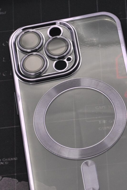 iPhone 13 Pro Uyumlu MagSafe Özellikli Mor Renkli Kenarlı Lazerli Şeffaf Kılıf Lens Korumalı - 2