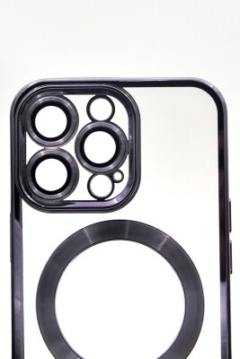 iPhone 13 Pro Uyumlu MagSafe Özellikli Mor Renkli Kenarlı Lazerli Şeffaf Kılıf Lens Korumalı - 5