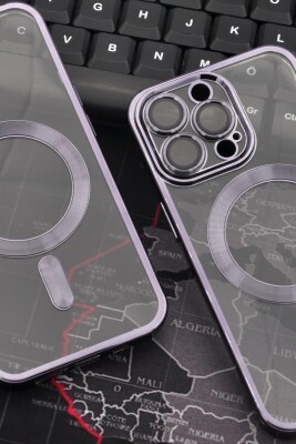 iPhone 13 Pro Uyumlu MagSafe Özellikli Mor Renkli Kenarlı Lazerli Şeffaf Kılıf Lens Korumalı - 6