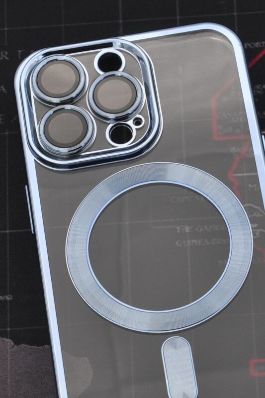 iPhone 13 Pro Uyumlu MagSafe Özellikli Saks Mavi Renkli Kenarlı Lazerli Şeffaf Kılıf Lens Korumalı - 2