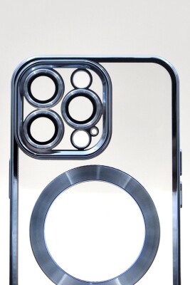 iPhone 13 Pro Uyumlu MagSafe Özellikli Saks Mavi Renkli Kenarlı Lazerli Şeffaf Kılıf Lens Korumalı - 5
