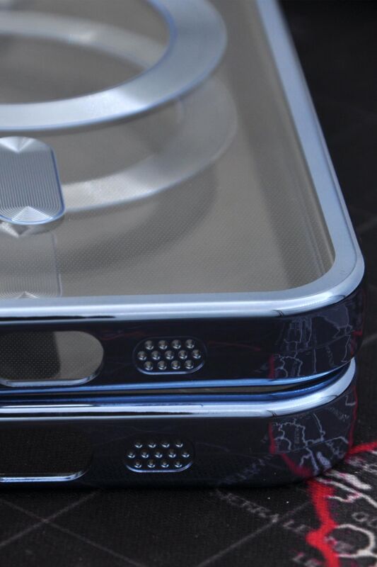 iPhone 13 Pro Uyumlu MagSafe Özellikli Saks Mavi Renkli Kenarlı Lazerli Şeffaf Kılıf Lens Korumalı - 4