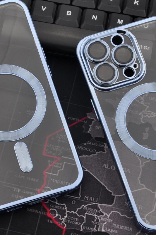iPhone 13 Pro Uyumlu MagSafe Özellikli Saks Mavi Renkli Kenarlı Lazerli Şeffaf Kılıf Lens Korumalı - 6