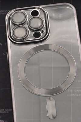 iPhone 13 Pro Uyumlu MagSafe Özellikli Siyah Renkli Kenarlı Lazerli Şeffaf Kılıf Lens Korumalı - 2