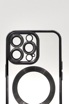 iPhone 13 Pro Uyumlu MagSafe Özellikli Siyah Renkli Kenarlı Lazerli Şeffaf Kılıf Lens Korumalı - 5