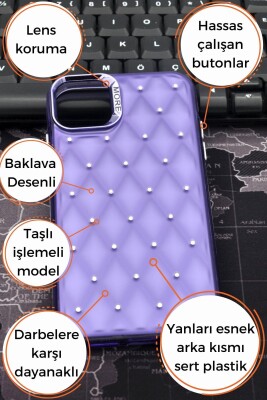 iPhone 13 Uyumlu Baklava Desenli Pırlanta Taşlı Sert Kapak Kılıf Mor - 8