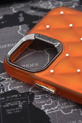 iPhone 13 Uyumlu Baklava Desenli Pırlanta Taşlı Sert Kapak Kılıf Turuncu - 3