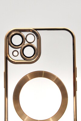 iPhone 13 Uyumlu MagSafe Özellikli Altın Sarı Gold Renkli Kenarlı Lazerli Şeffaf Kılıf Lens Korumalı - 5