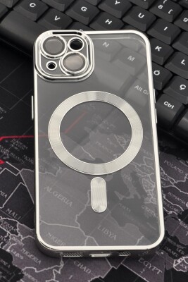 iPhone 13 Uyumlu MagSafe Özellikli Gümüş Gri Silver Renkli Kenarlı Lazerli Şeffaf Kılıf Lens Korumalı - 1