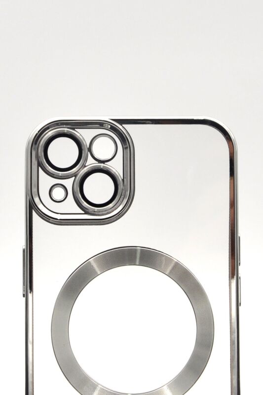 iPhone 13 Uyumlu MagSafe Özellikli Gümüş Gri Silver Renkli Kenarlı Lazerli Şeffaf Kılıf Lens Korumalı - 5