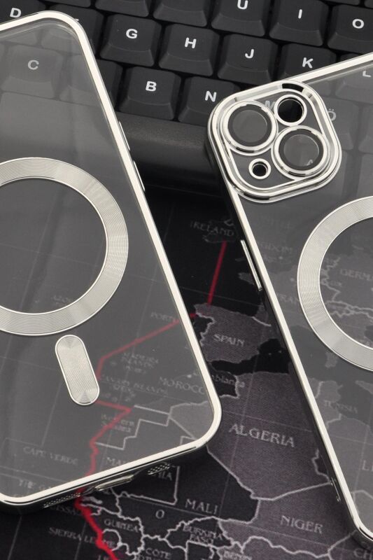 iPhone 13 Uyumlu MagSafe Özellikli Gümüş Gri Silver Renkli Kenarlı Lazerli Şeffaf Kılıf Lens Korumalı - 6