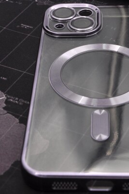 iPhone 13 Uyumlu MagSafe Özellikli Mor Renkli Kenarlı Lazerli Şeffaf Kılıf Lens Korumalı - 2