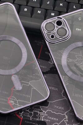 iPhone 13 Uyumlu MagSafe Özellikli Mor Renkli Kenarlı Lazerli Şeffaf Kılıf Lens Korumalı - 6