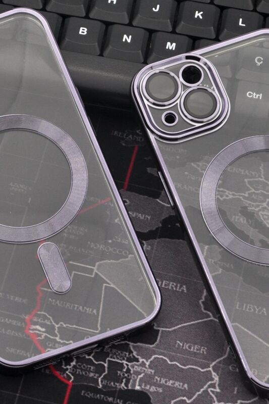 iPhone 13 Uyumlu MagSafe Özellikli Mor Renkli Kenarlı Lazerli Şeffaf Kılıf Lens Korumalı - 6