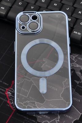 iPhone 13 Uyumlu MagSafe Özellikli Saks Mavi Renkli Kenarlı Lazerli Şeffaf Kılıf Lens Korumalı - 1