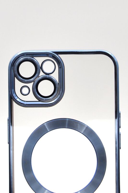 iPhone 13 Uyumlu MagSafe Özellikli Saks Mavi Renkli Kenarlı Lazerli Şeffaf Kılıf Lens Korumalı - 5